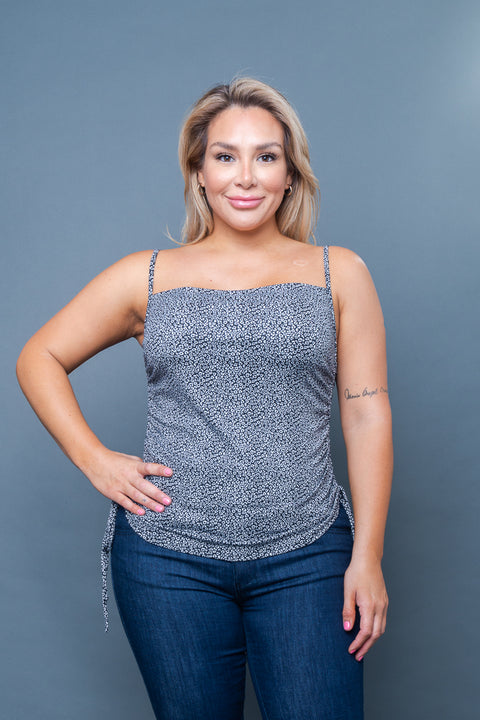 Plus Size Animal Print Square Neck Spaghetti Strap Ruched Crop Top (ZA3872A) - Wholesale Fashion Couture 