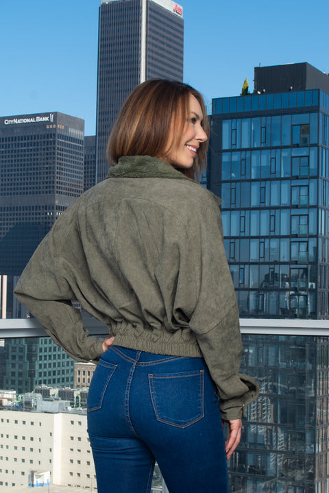 Corduroy Crop Jacket W/Front Fur, Zipper and Buckle closure (HF23A992) - Wholesale Fashion Couture 