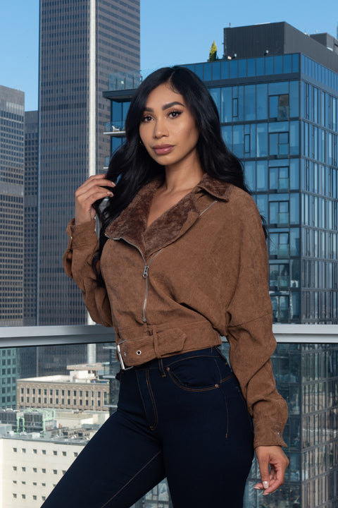 Corduroy Crop Jacket W/Front Fur, Zipper and Buckle closure (HF23A992) - Wholesale Fashion Couture 