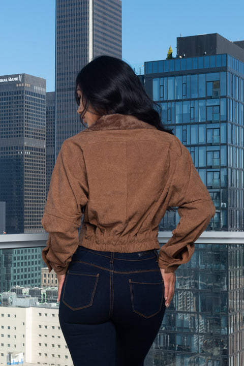Corduroy Crop Jacket W/Front Fur, Zipper and Buckle closure (HF23A992) - Wholesale Fashion Couture 