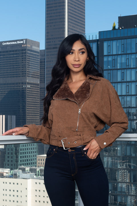 Corduroy Crop Jacket W/Front Fur, Zipper and Buckle closure (HF23A992) - Wholesale Fashion Couture 