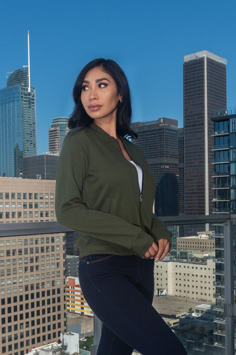 Warm Zip Front Bomber Style Sweatshirt 2 Front Pockets in Olive (RN137665-JKT) - Wholesale Fashion Couture 