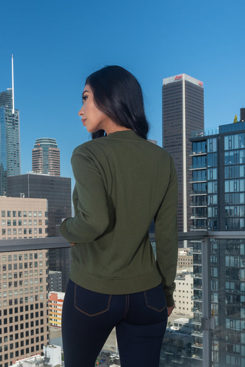 Warm Zip Front Bomber Style Sweatshirt 2 Front Pockets in Olive (RN137665-JKT) - Wholesale Fashion Couture 