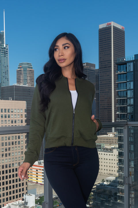 Warm Zip Front Bomber Style Sweatshirt 2 Front Pockets in Olive (RN137665-JKT) - Wholesale Fashion Couture 