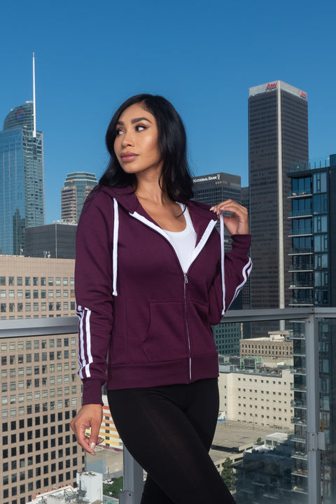 "LOVE" Soft Zip Front Hooded  Sweatshirt With White Contrast Stripes on Sleeves (J113) - Wholesale Fashion Couture 