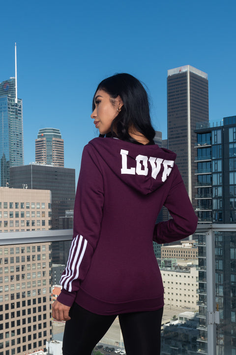 "LOVE" Soft Zip Front Hooded  Sweatshirt With White Contrast Stripes on Sleeves (J113) - Wholesale Fashion Couture 