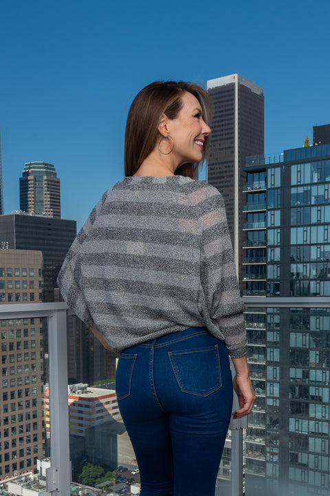 Zip Front 3/4 Sleeve Light Knit Dolman V-Neck Top (146000) - Wholesale Fashion Couture 