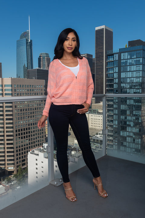 Zip Front 3/4 Sleeve Light Knit Dolman V-Neck Top (146000) - Wholesale Fashion Couture 