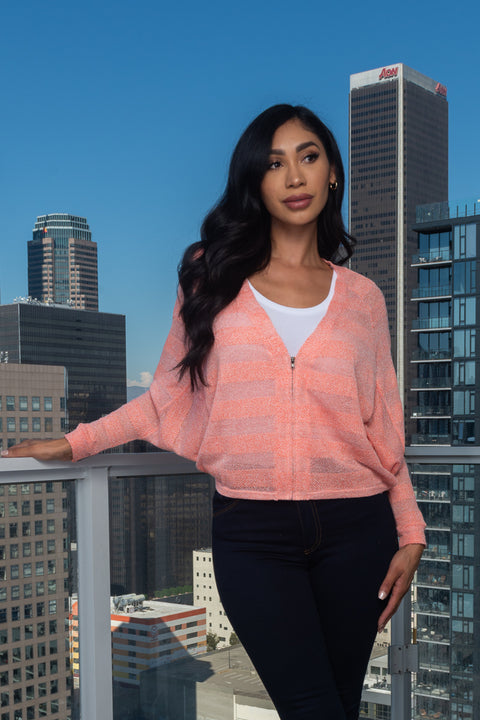 Zip Front 3/4 Sleeve Light Knit Dolman V-Neck Top (146000) - Wholesale Fashion Couture 