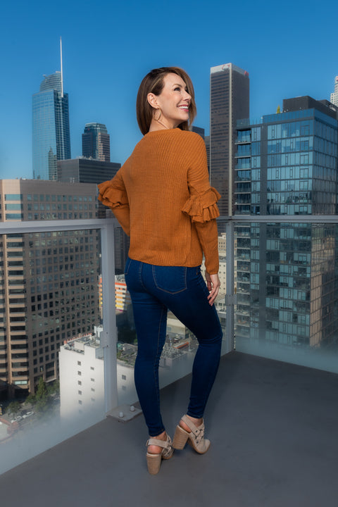 Crew Neck Ruffle Sleeve Knit Sweater in Rust (RN94522) - Wholesale Fashion Couture 