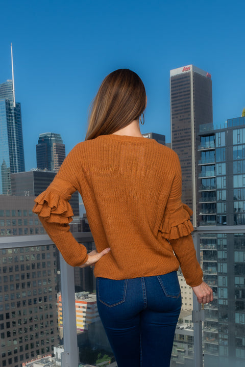 Crew Neck Ruffle Sleeve Knit Sweater in Rust (RN94522) - Wholesale Fashion Couture 