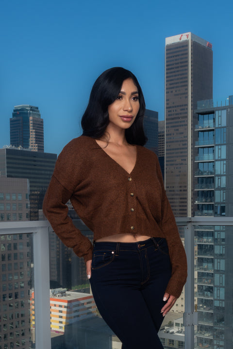 "Warm & Cozy" V-Neck Button Down Knit Solid Crop Sweater (9726WN) - Wholesale Fashion Couture 