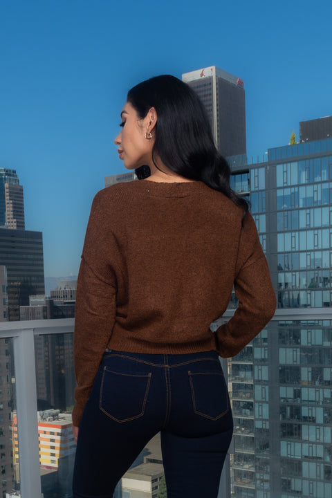 "Warm & Cozy" V-Neck Button Down Knit Solid Crop Sweater (9726WN) - Wholesale Fashion Couture 