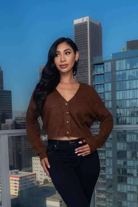 "Warm & Cozy" V-Neck Button Down Knit Solid Crop Sweater (9726WN) - Wholesale Fashion Couture 