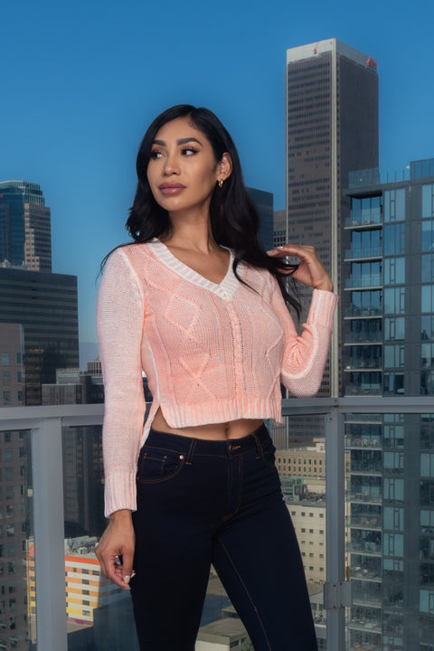V-Neck Coated Cable Knit Sweater (46821072) Y - Wholesale Fashion Couture 