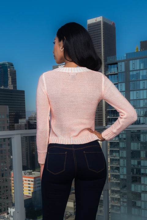 V-Neck Coated Cable Knit Sweater (46821072) Y - Wholesale Fashion Couture 