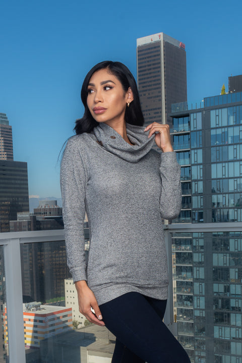 Cowl on Neck Long Sleeve Top w/5 Buttons on Neck and 2 Pockets (FY9005) - Wholesale Fashion Couture 