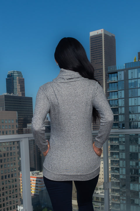 Cowl on Neck Long Sleeve Top w/5 Buttons on Neck and 2 Pockets (FY9005) - Wholesale Fashion Couture 