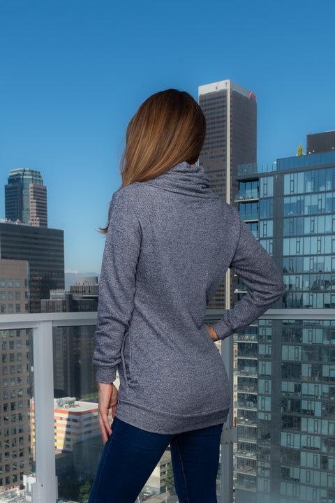 Cowl on Neck Long Sleeve Top w/5 Buttons on Neck and 2 Pockets (FY9005) - Wholesale Fashion Couture 