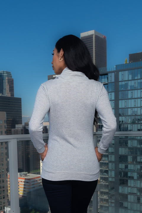 Cowl on Neck Long Sleeve Top w/5 Buttons on Neck and 2 Pockets (FY9005) - Wholesale Fashion Couture 