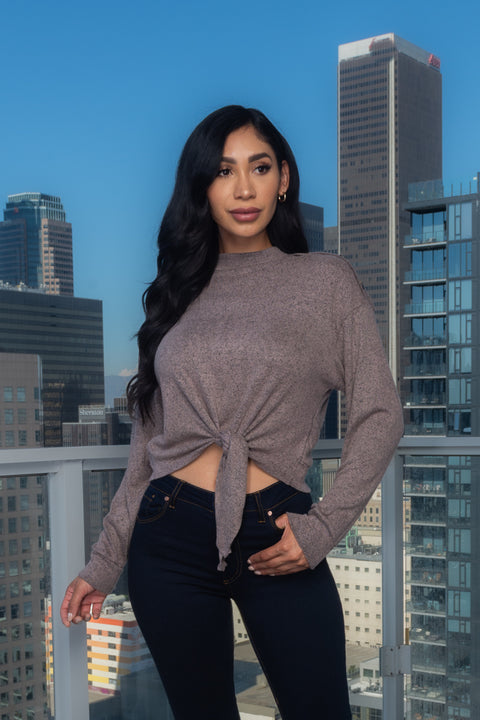 Soft Long Sleeve Round Neck Top W/ Fake Buttons on Shoulders & Front Bow Tie (TB4285C) - Wholesale Fashion Couture 