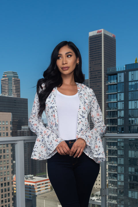 Open Front Floral Print Crop Vest Wide Bell Sleeve With Lining (GG1802) - Wholesale Fashion Couture 