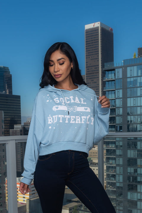 "Social Butterfly" Hooded Dolman Crop Sweatshirt (NB12100058183-Bfly-Reg) - Wholesale Fashion Couture 