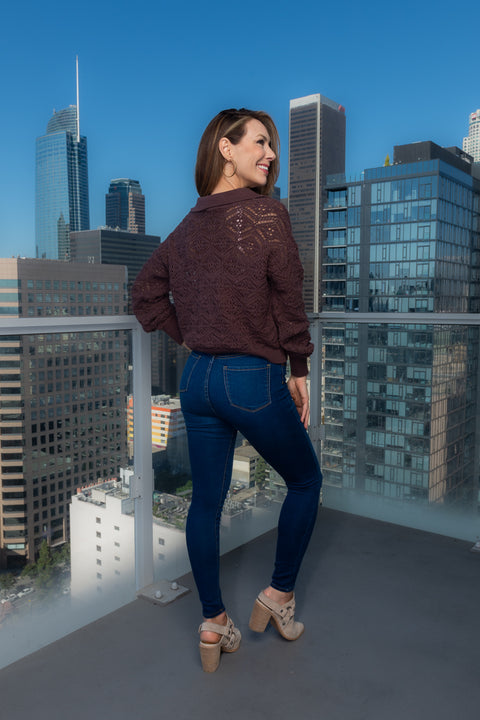 V-Neck Open Knit Crochet Sweater W/Band Cuff in Brown (5T512155X) - Wholesale Fashion Couture 