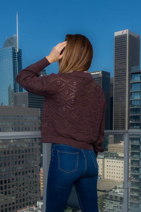 V-Neck Open Knit Crochet Sweater W/Band Cuff in Brown (5T512155X) - Wholesale Fashion Couture 