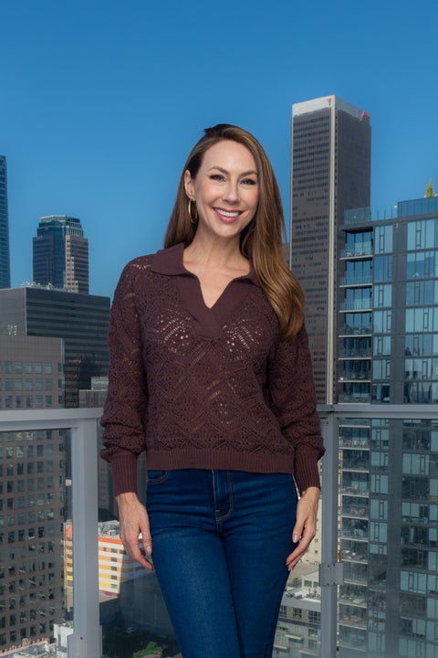 V-Neck Open Knit Crochet Sweater W/Band Cuff in Brown (5T512155X) - Wholesale Fashion Couture 
