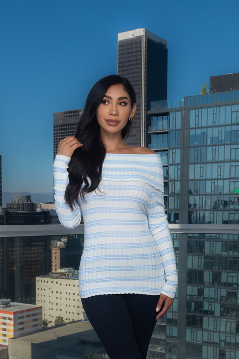 Rib Knit Long Sleeve Open Shoulders Striped Top (167084) - Wholesale Fashion Couture 