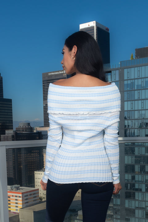 Rib Knit Long Sleeve Open Shoulders Striped Top (167084) - Wholesale Fashion Couture 
