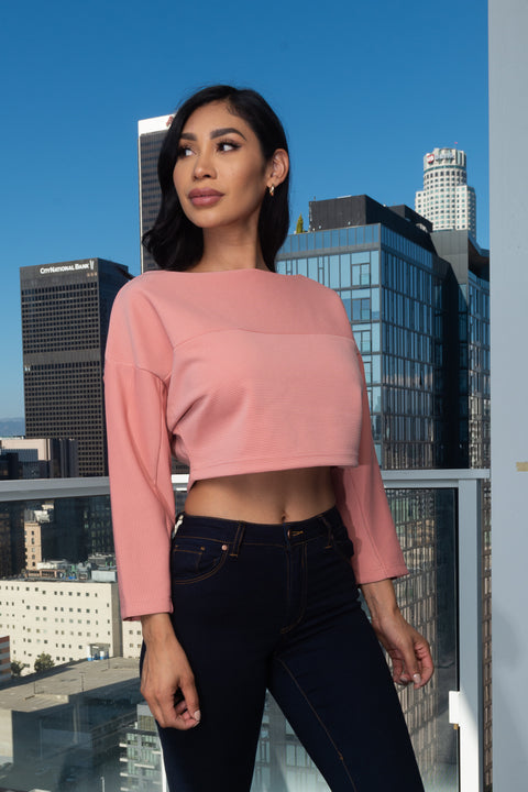 High Neck 3/4 Sleeve Thick Dolman Crop Top (146267) - Wholesale Fashion Couture 