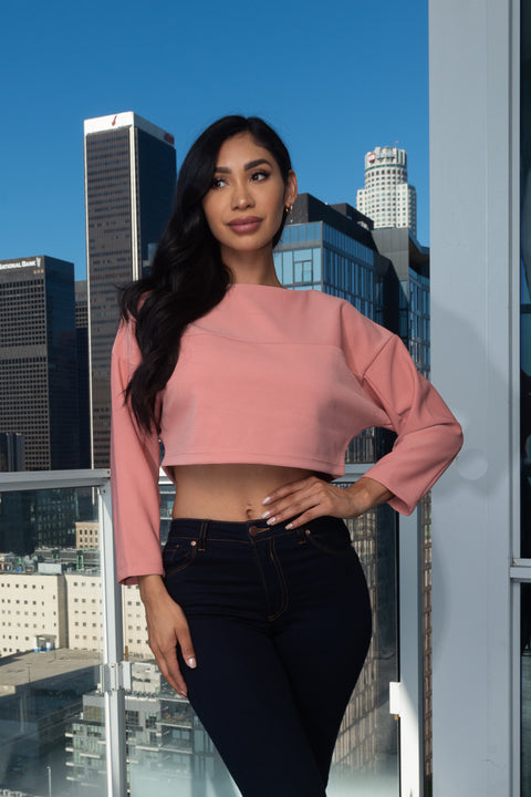 High Neck 3/4 Sleeve Thick Dolman Crop Top (146267) - Wholesale Fashion Couture 