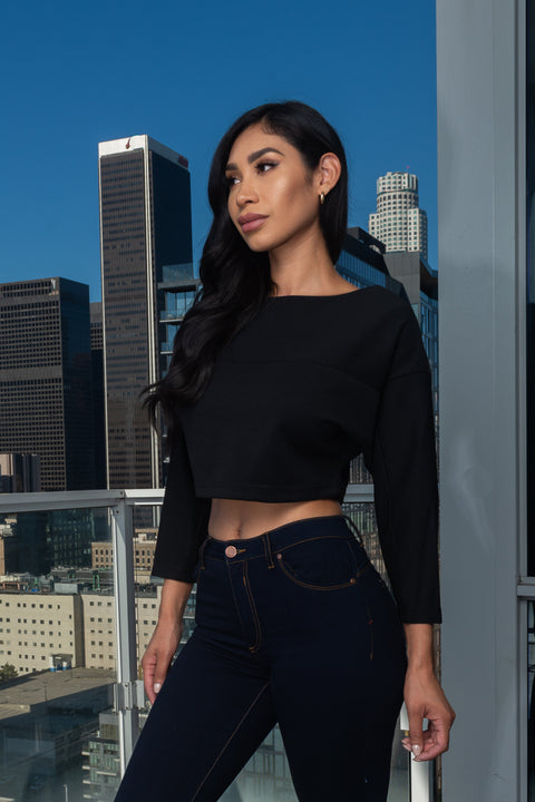 High Neck 3/4 Sleeve Thick Dolman Crop Top (146267) - Wholesale Fashion Couture 