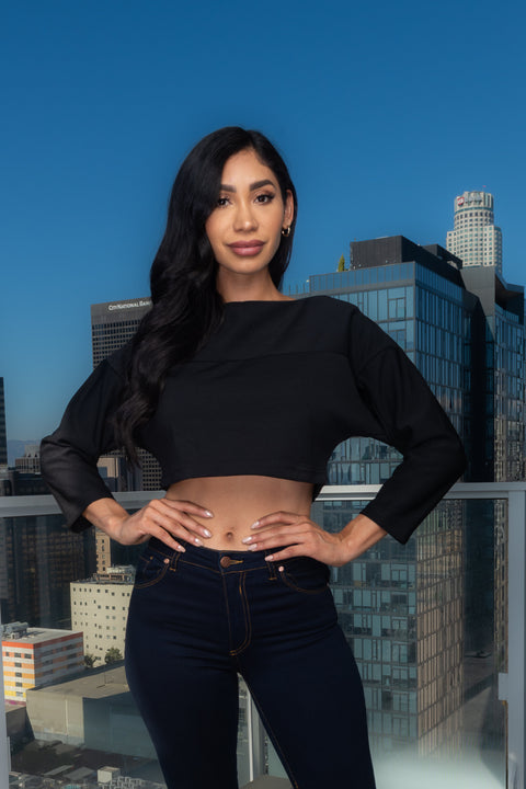 High Neck 3/4 Sleeve Thick Dolman Crop Top (146267) - Wholesale Fashion Couture 