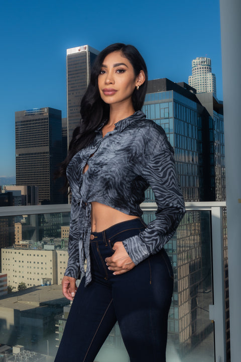Animal Print Tie Dye Long Sleeve Button Down Crop Top (VIT8762) - Wholesale Fashion Couture 