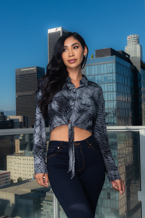 Animal Print Tie Dye Long Sleeve Button Down Crop Top (VIT8762) - Wholesale Fashion Couture 