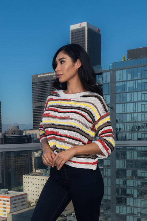 3/4 Sleeve Multicolor Round Neck Crochet Knit Top (187219) - Wholesale Fashion Couture 