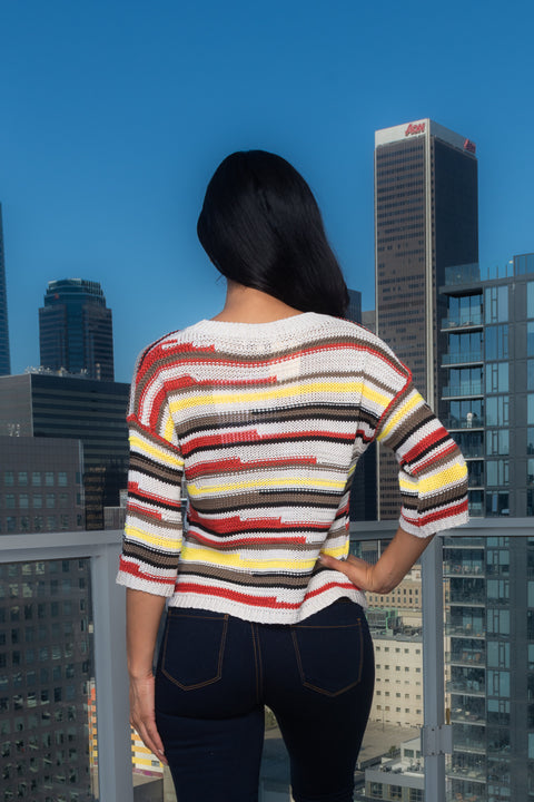 3/4 Sleeve Multicolor Round Neck Crochet Knit Top (187219) - Wholesale Fashion Couture 