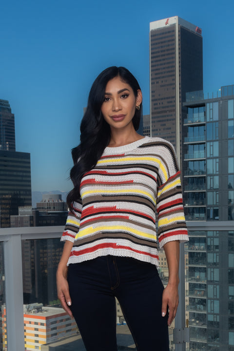 3/4 Sleeve Multicolor Round Neck Crochet Knit Top (187219) - Wholesale Fashion Couture 