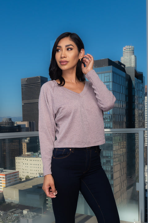 V-Neck Long Sleeve Rib Knit Top (T17324) - Wholesale Fashion Couture 
