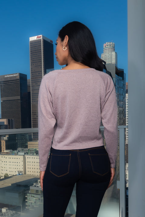 V-Neck Long Sleeve Rib Knit Top (T17324) - Wholesale Fashion Couture 