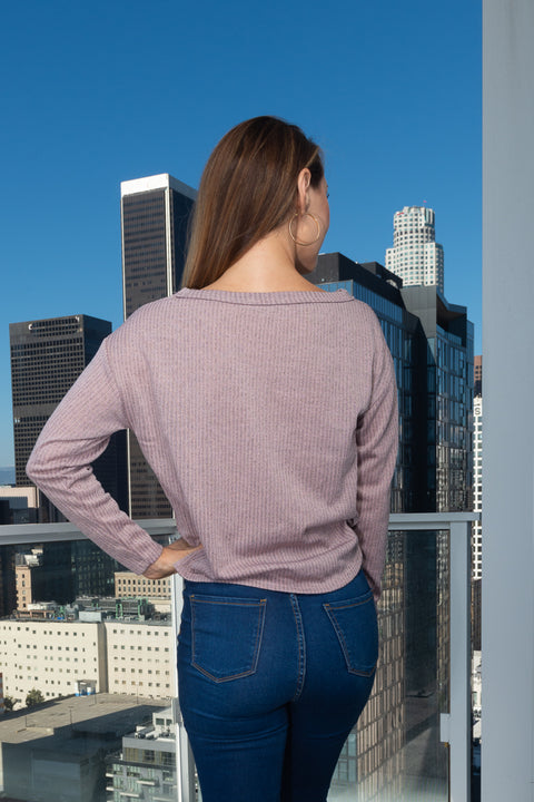 Twist Front Round Neck Long Sleeve Rib Knit Top (T17325) - Wholesale Fashion Couture 
