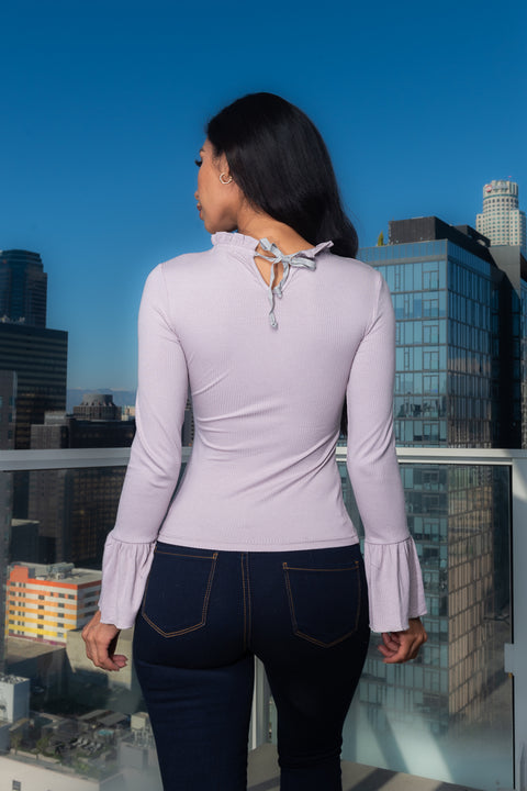 Mock Neck Long Sleeve Rib Top Bell Cuffed and tie Back (171096) - Wholesale Fashion Couture 