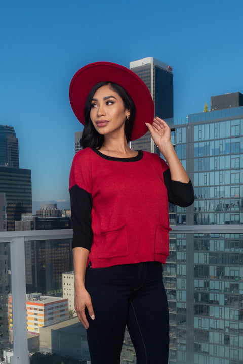 3/4 Sleeve  Round Neck Knit Top With 2 Front Pockets (117657) - Wholesale Fashion Couture 