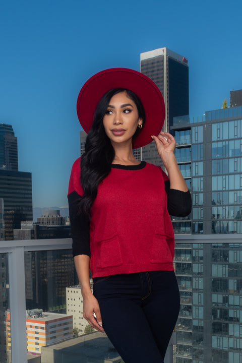 3/4 Sleeve  Round Neck Knit Top With 2 Front Pockets (117657) - Wholesale Fashion Couture 