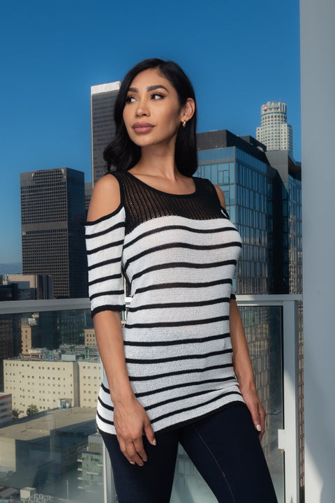 Crocket Knit Open Shoulder Short Sleeve Stripped Top  (137899) - Wholesale Fashion Couture 