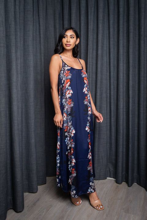 Satin Spag. Strap Floral Print Maxi Dress  W/ Adjustable Straps (141674) - Wholesale Fashion Couture 
