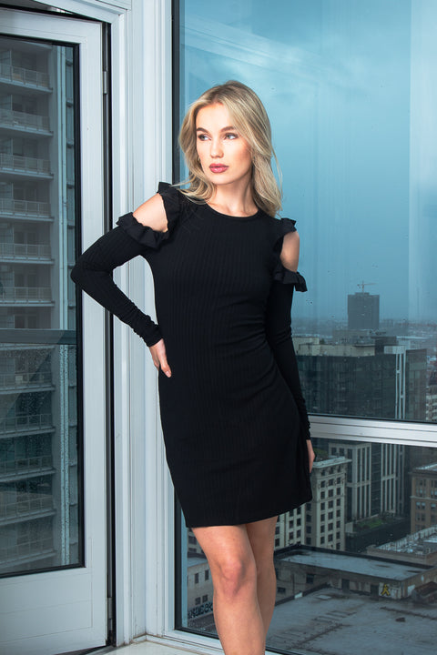Round Neck Long Sleeve Knit Rib Midi Dress W/Cut out Shoulder Detail (1651200) - Wholesale Fashion Couture 